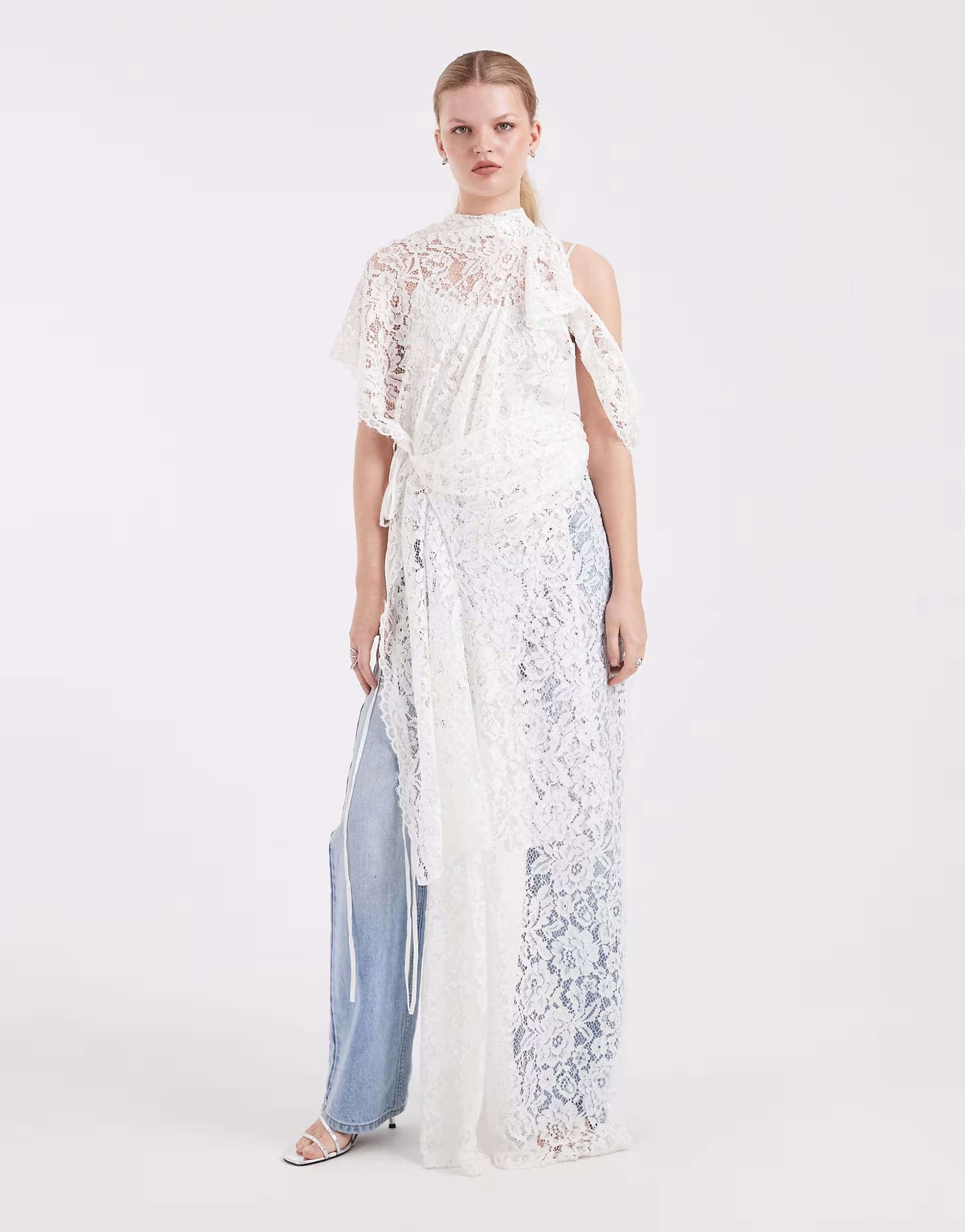 ASOS ASOS DESIGN lace high neck tie side maxi dress in ecru