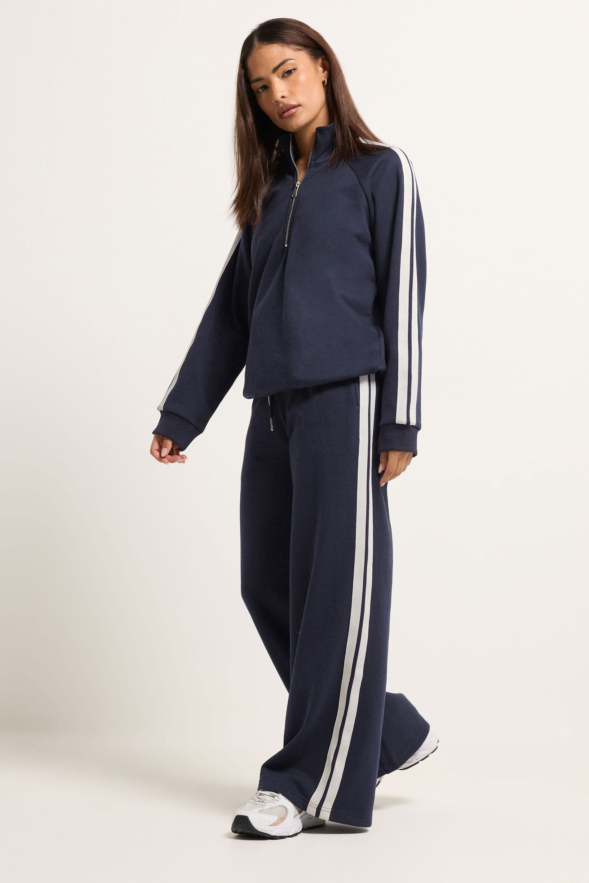 PixieGirl PixieGirl Women's Petite Stripe Sweatshirt & Wide Leg Joggers Set in Dark Navy - 3