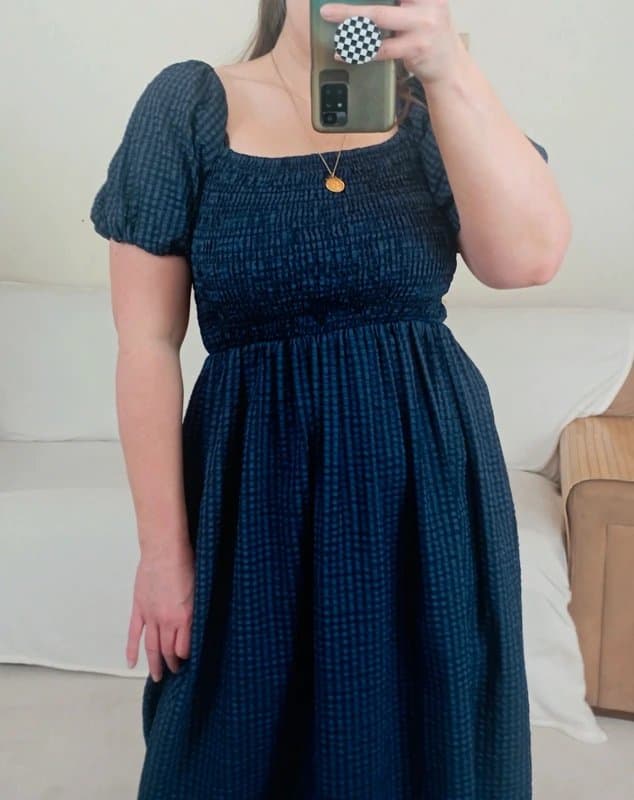 Never Fully Dressed Never Fully Dressed | Navy blue black gingham puff sleeve shirred body midi dress UK M 10-12