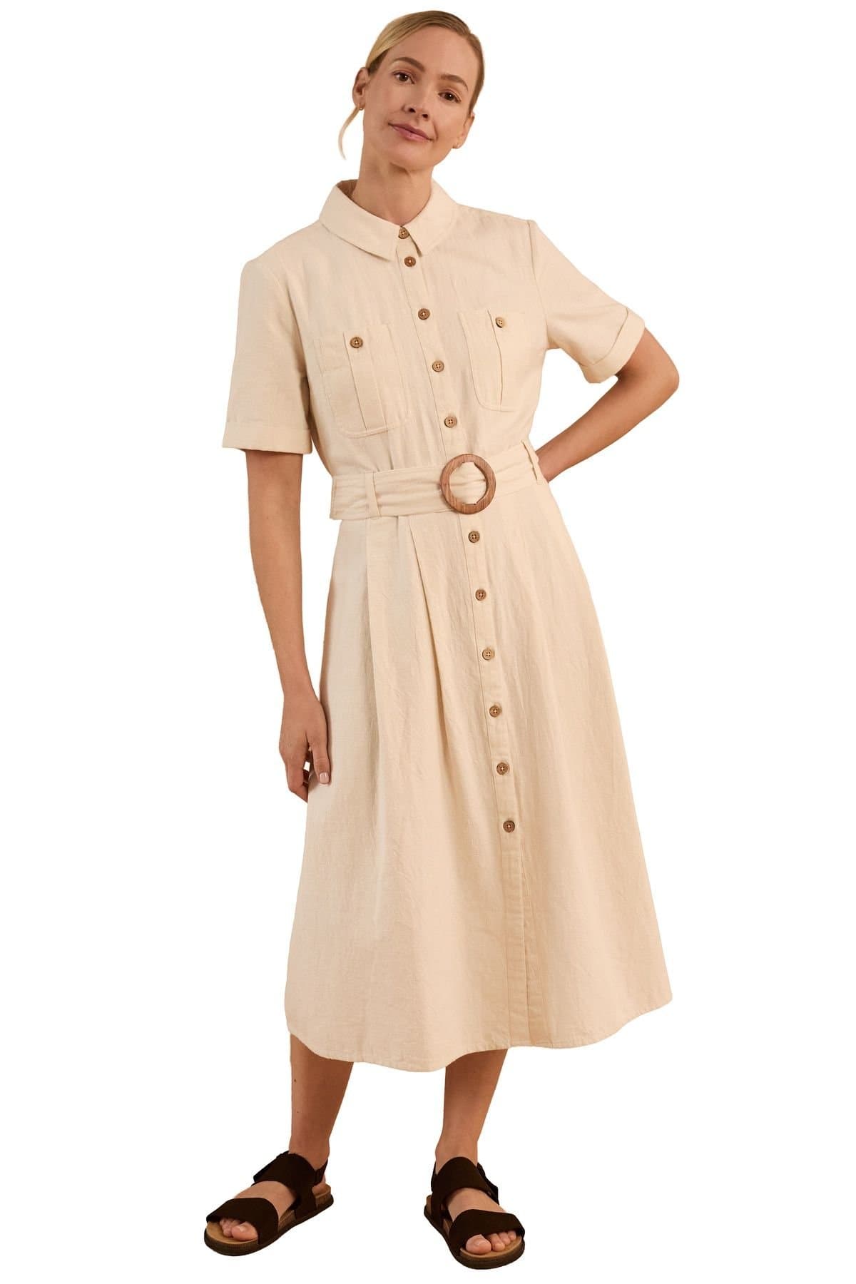 Celtic & Co Celtic & Co Women's Belted Safari Midi Shirt Dress in Light Beige