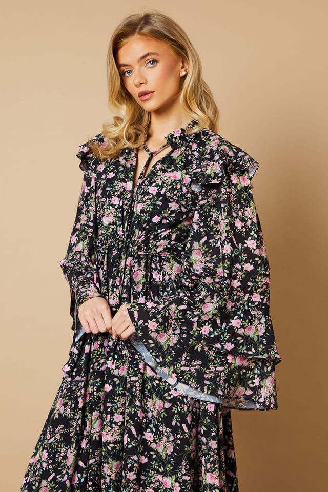 Oasis Oasis Women's Floral Printed Drawstring Waist Midi Dress in Black - 2