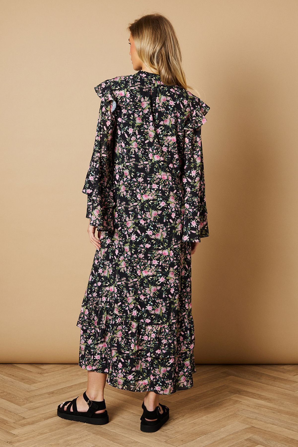 Oasis Oasis Women's Floral Printed Drawstring Waist Midi Dress in Black - 3