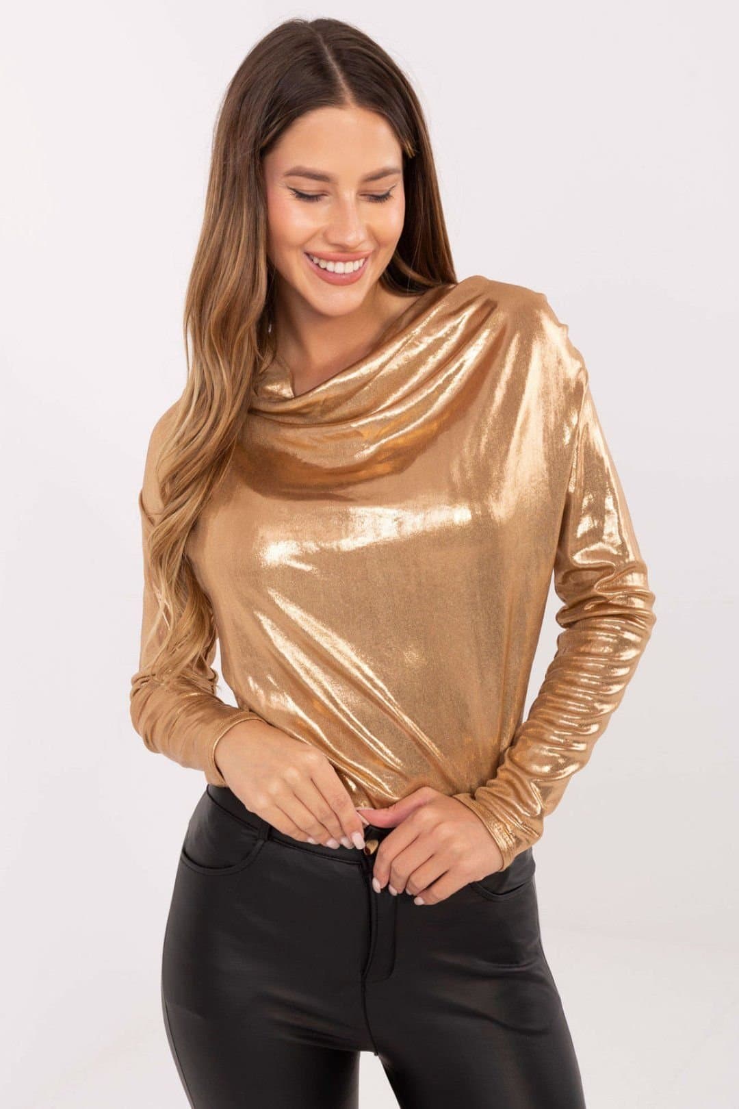 Love Lace Love Lace Women's Shiny Pleated Evening Blouse with Long Sleeves in Gold