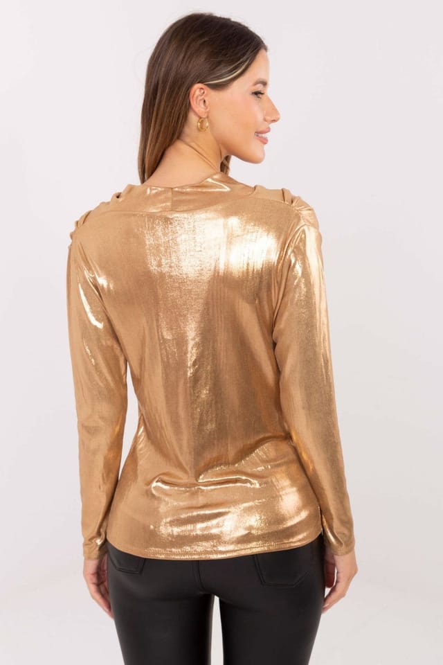 Love Lace Love Lace Women's Shiny Pleated Evening Blouse with Long Sleeves in Gold - 3