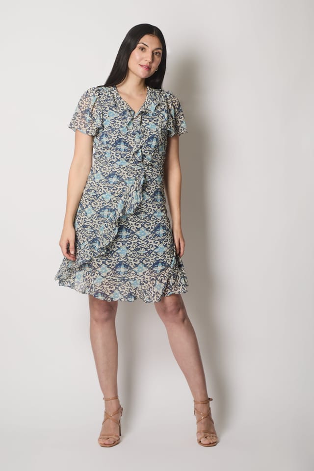 SOLO SOLO Women's Printed Ruffle Wrap Dress in Blue - 2