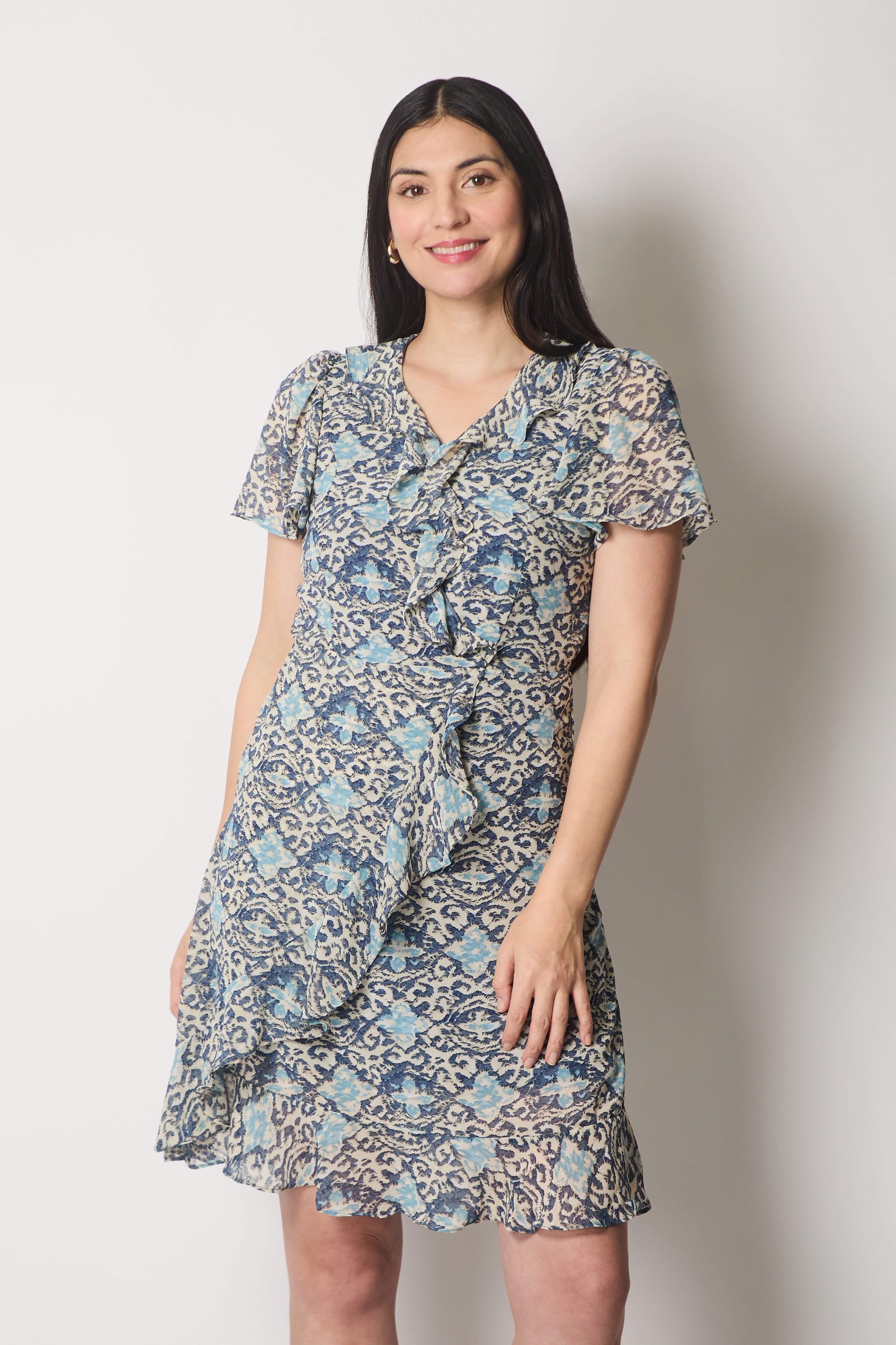 SOLO SOLO Women's Printed Ruffle Wrap Dress in Blue - 3