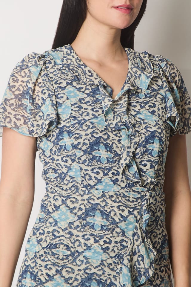 SOLO SOLO Women's Printed Ruffle Wrap Dress in Blue - 3