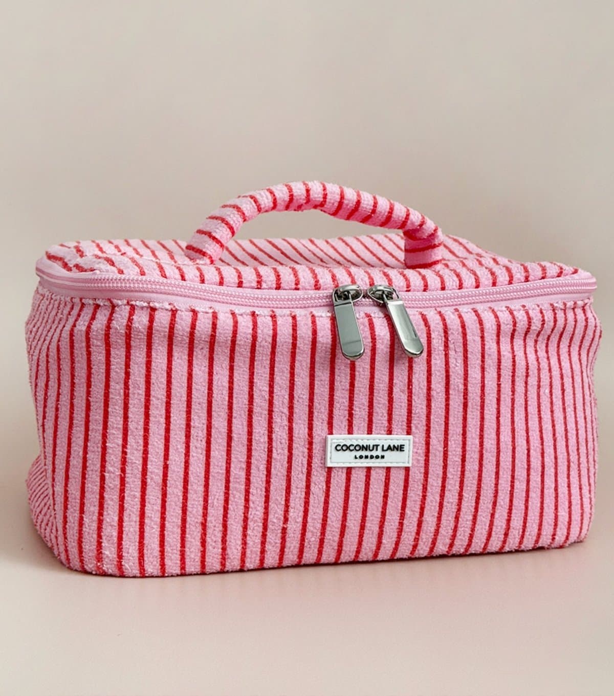 Coconut Lane Pink Cherry Stripes Travel Towelling Makeup Bag Coconut Lane New Look