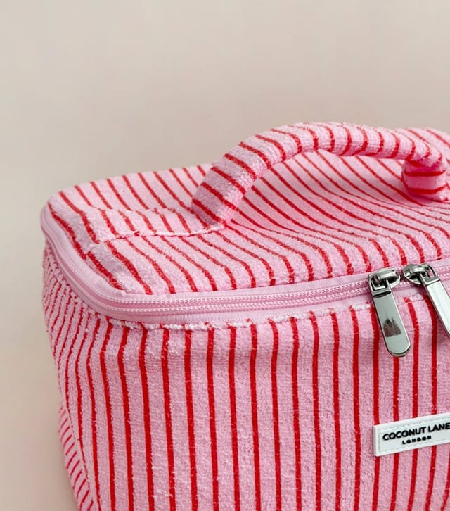 Coconut Lane Pink Cherry Stripes Travel Towelling Makeup Bag Coconut Lane New Look - 2