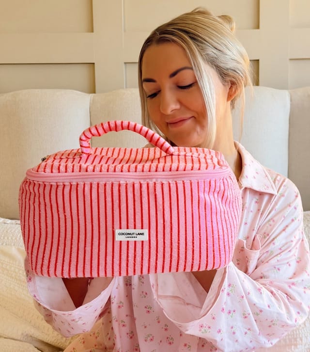 Coconut Lane Pink Cherry Stripes Travel Towelling Makeup Bag Coconut Lane New Look - 3