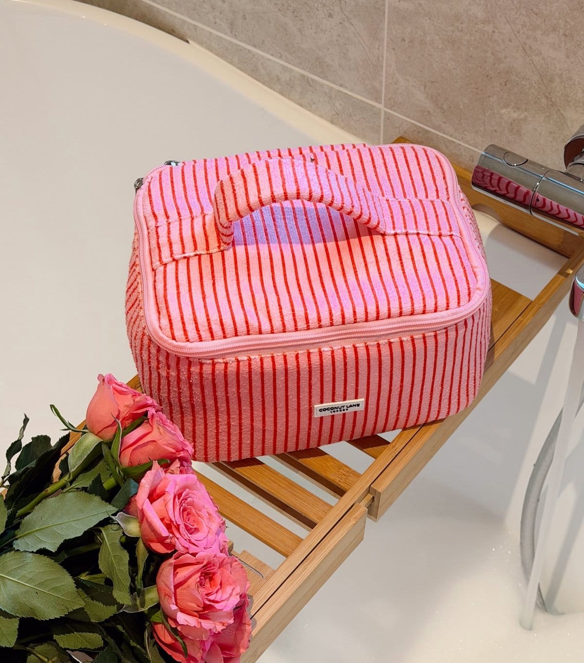 Coconut Lane Pink Cherry Stripes Travel Towelling Makeup Bag Coconut Lane New Look - 4
