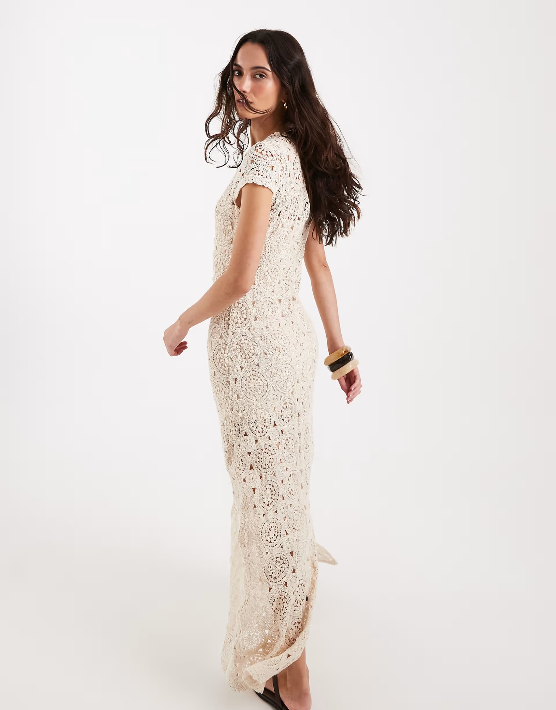 ASOS 4th & Reckless flower crochet cap sleeve maxi dress in cream