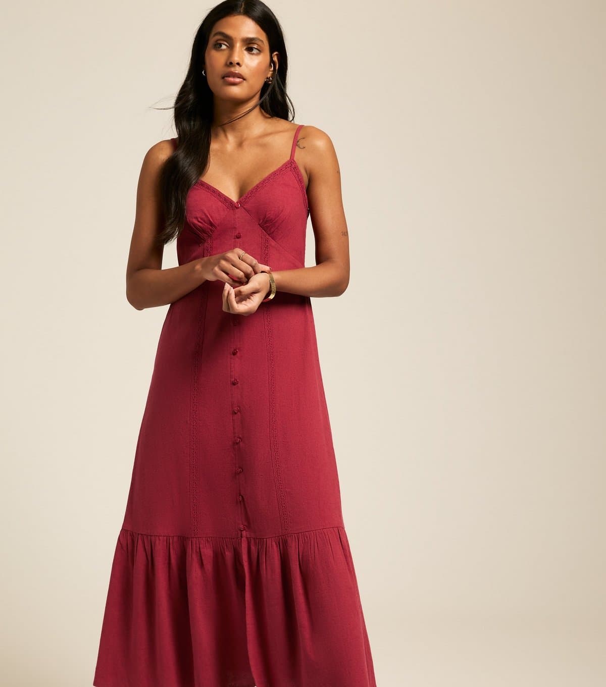 New Look Women's Burgundy Button Detail Tiered Hem Midi Dress New Look