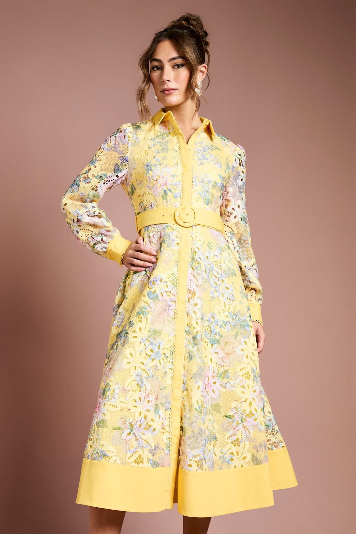 Coast Coast Women's Cutwork Lace Printed Shirt Dress in Yellow