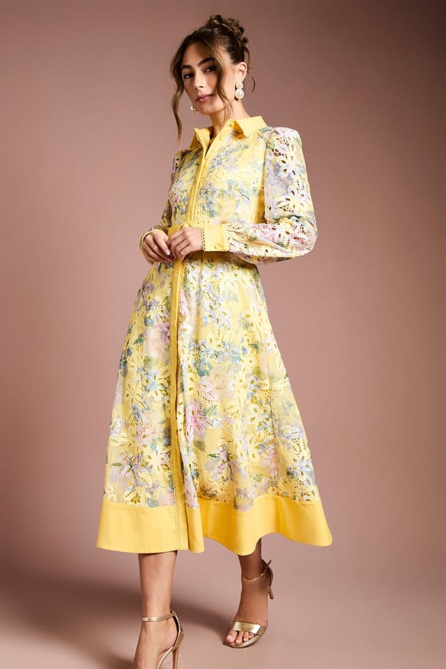 Coast Coast Women's Cutwork Lace Printed Shirt Dress in Yellow - 2