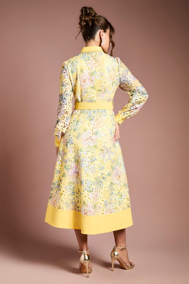 Coast Coast Women's Cutwork Lace Printed Shirt Dress in Yellow - 3