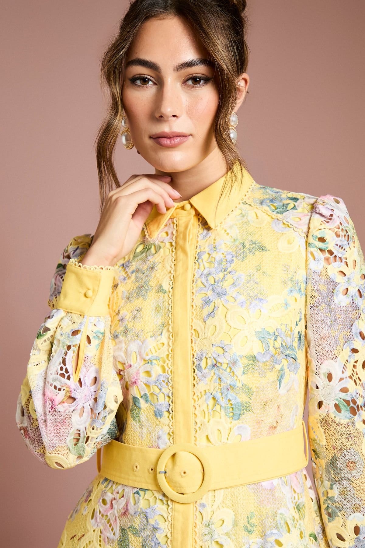 Coast Coast Women's Cutwork Lace Printed Shirt Dress in Yellow - 4