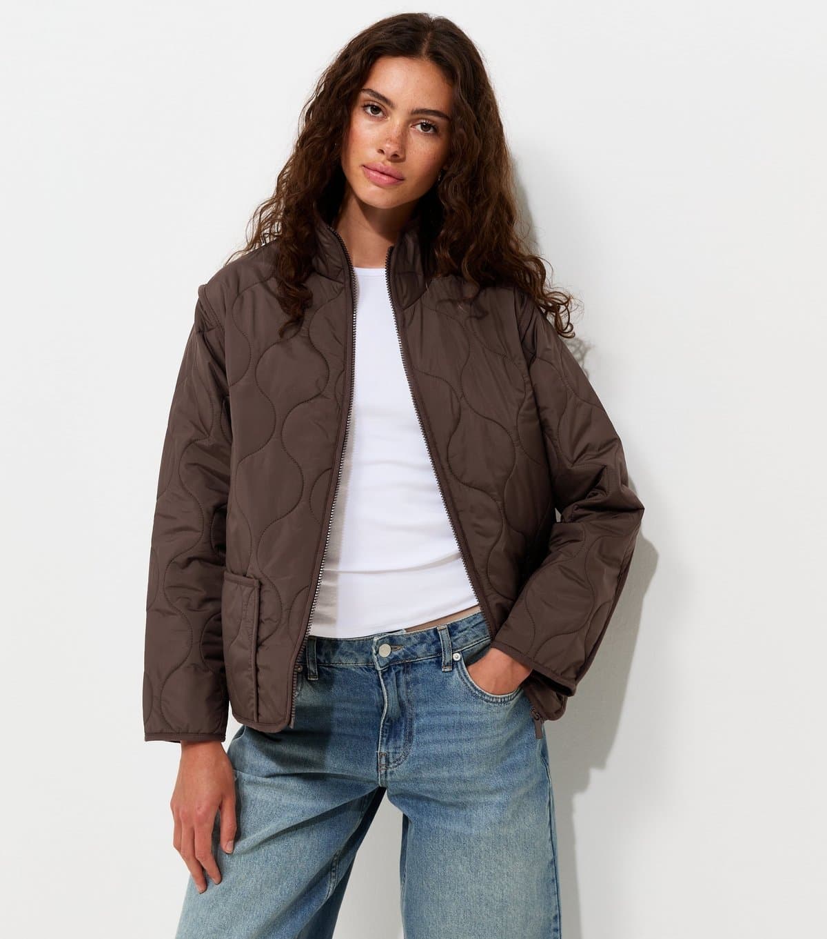 New Look Women's Dark Brown Quilted High Neck Jacket New Look