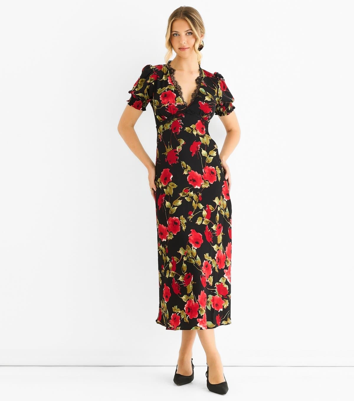 Gini London Women's Black Floral Lace Trim Midi Dress Gini London New Look
