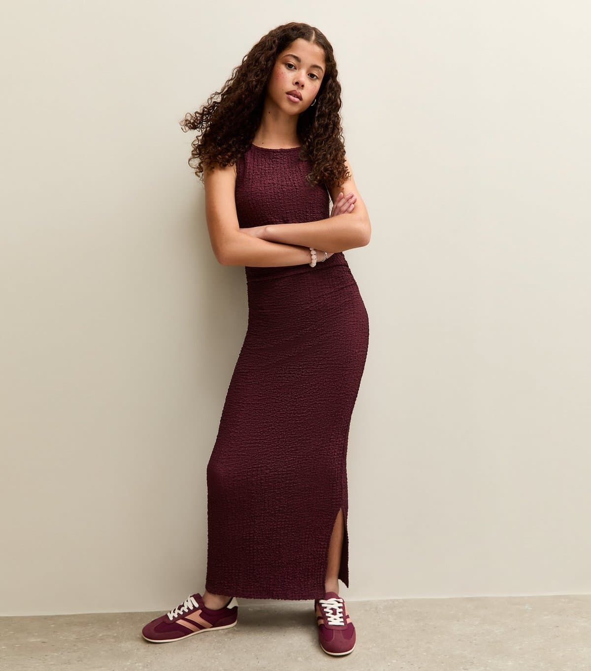 New Look Girls' Dark Burgundy Crinkled Sleeveless Maxi Dress New Look