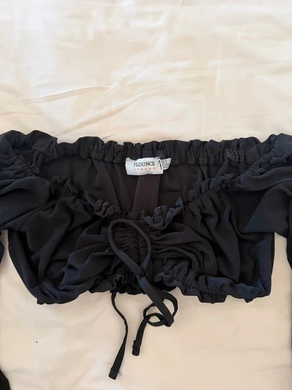 Vintage Dressing Flounce London Black Off Shoulder Milkmaid Crop Top Puff Sleeve Ruched UK 8