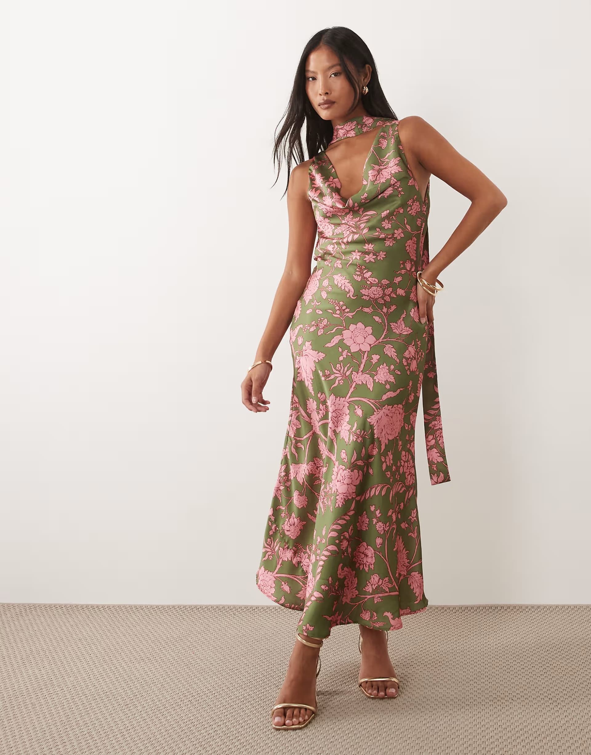 ASOS Hope & Ivy Petite satin cowl neck scarf midi dress in green floral