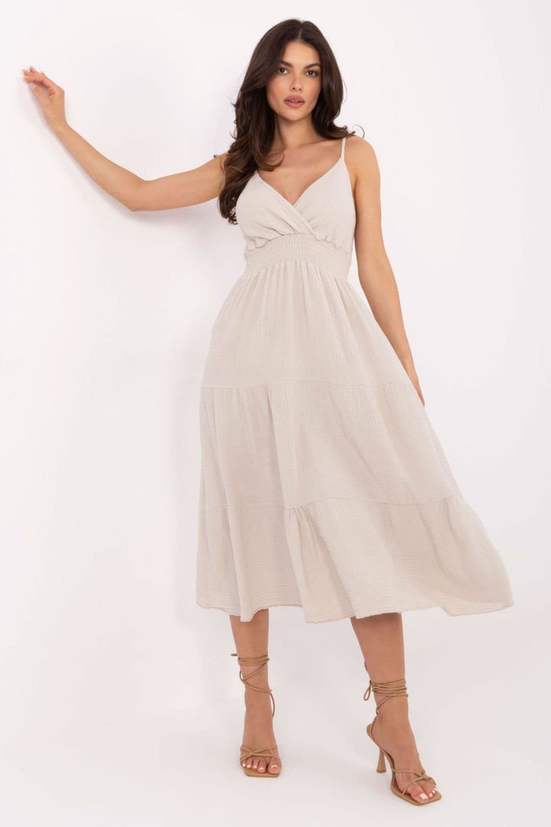 Love Lace Love Lace Women's Summer Muslin Midi Wrap Dress with Flounce in Beige
