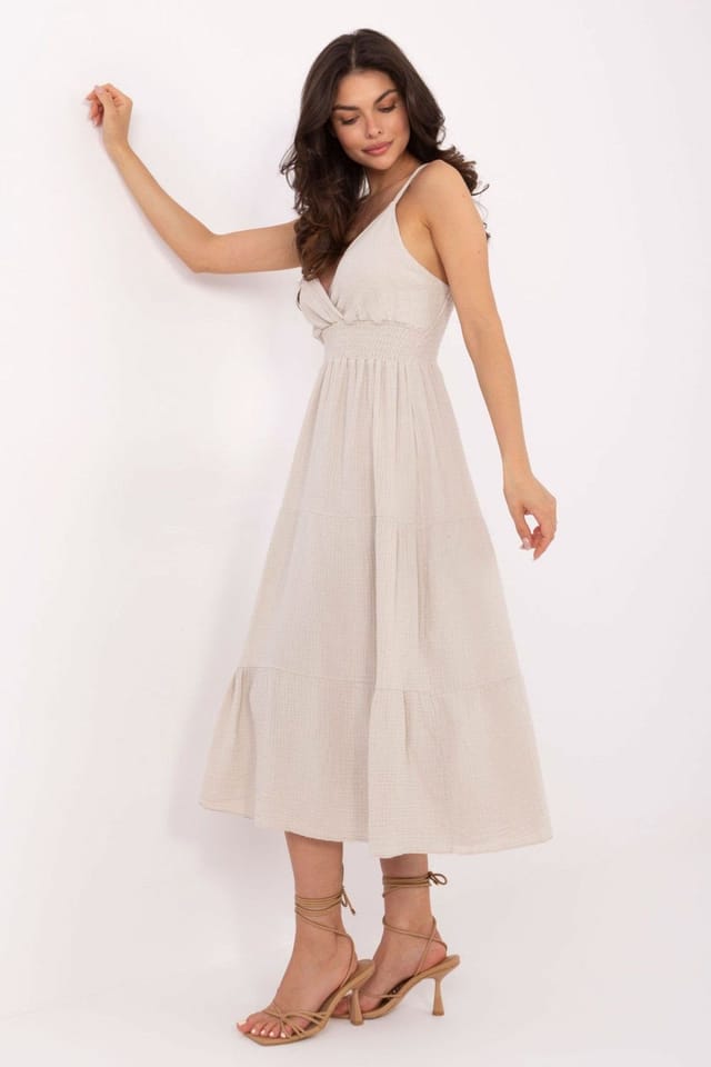 Love Lace Love Lace Women's Summer Muslin Midi Wrap Dress with Flounce in Beige - 2