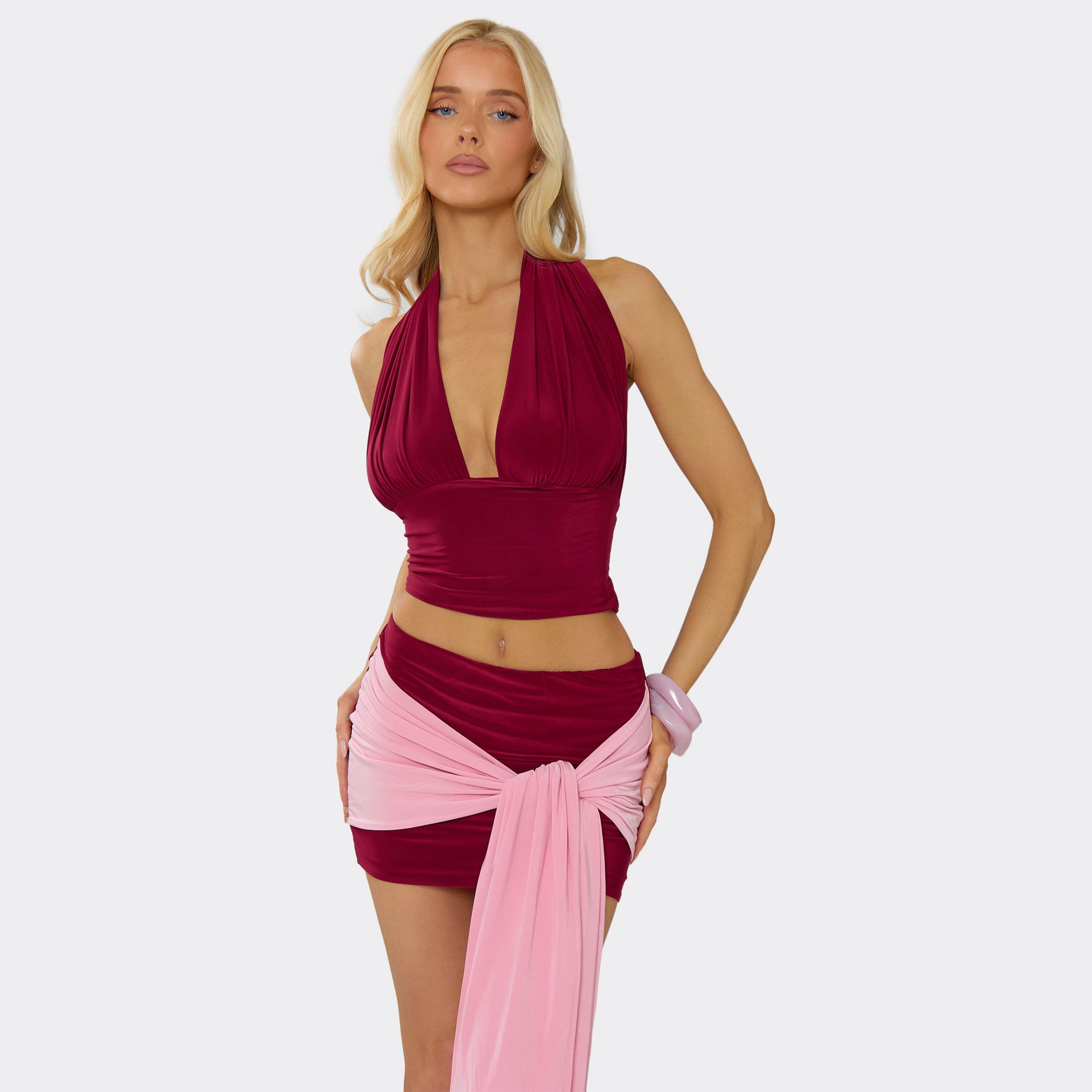 EGO Knot Tie Back Plunge Halterneck Top In Burgundy, Women's Size UK 6 - 1