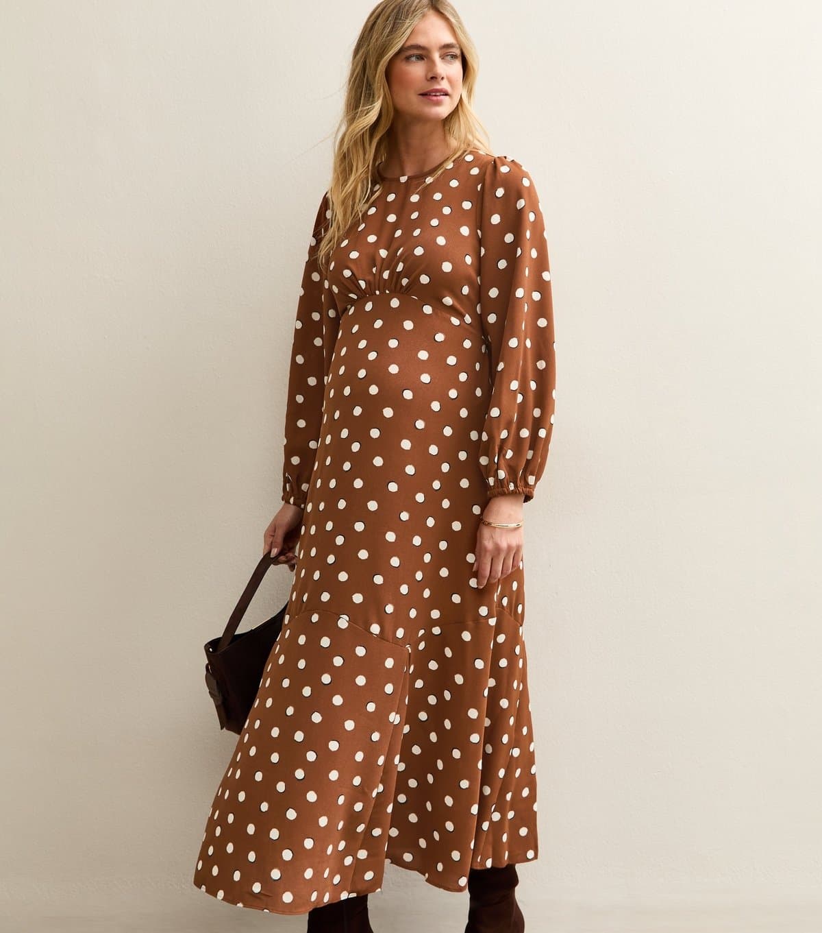 New Look Women's Maternity Brown Polka Dot Godet Midi Dress New Look