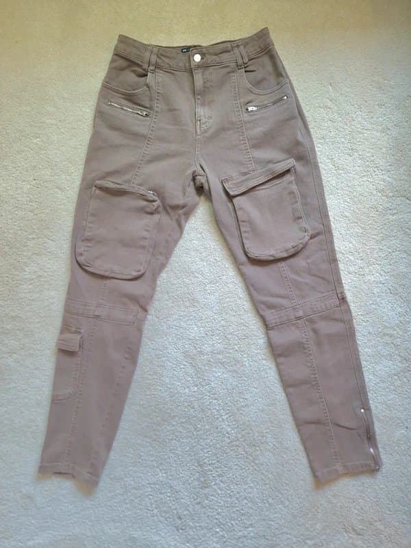 ASOS Design asos design taupe mushroom cargo trousers utility combat pants with zip ankles size uk 12