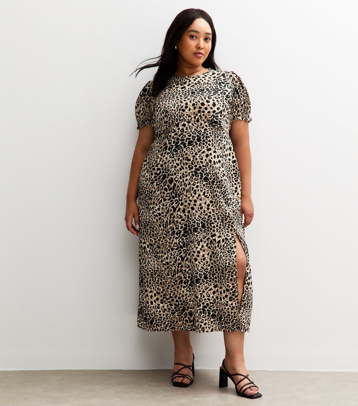 New Look Women's Plus Size Brown Leopard Crepe Short Sleeve Midi Dress Curves New Look