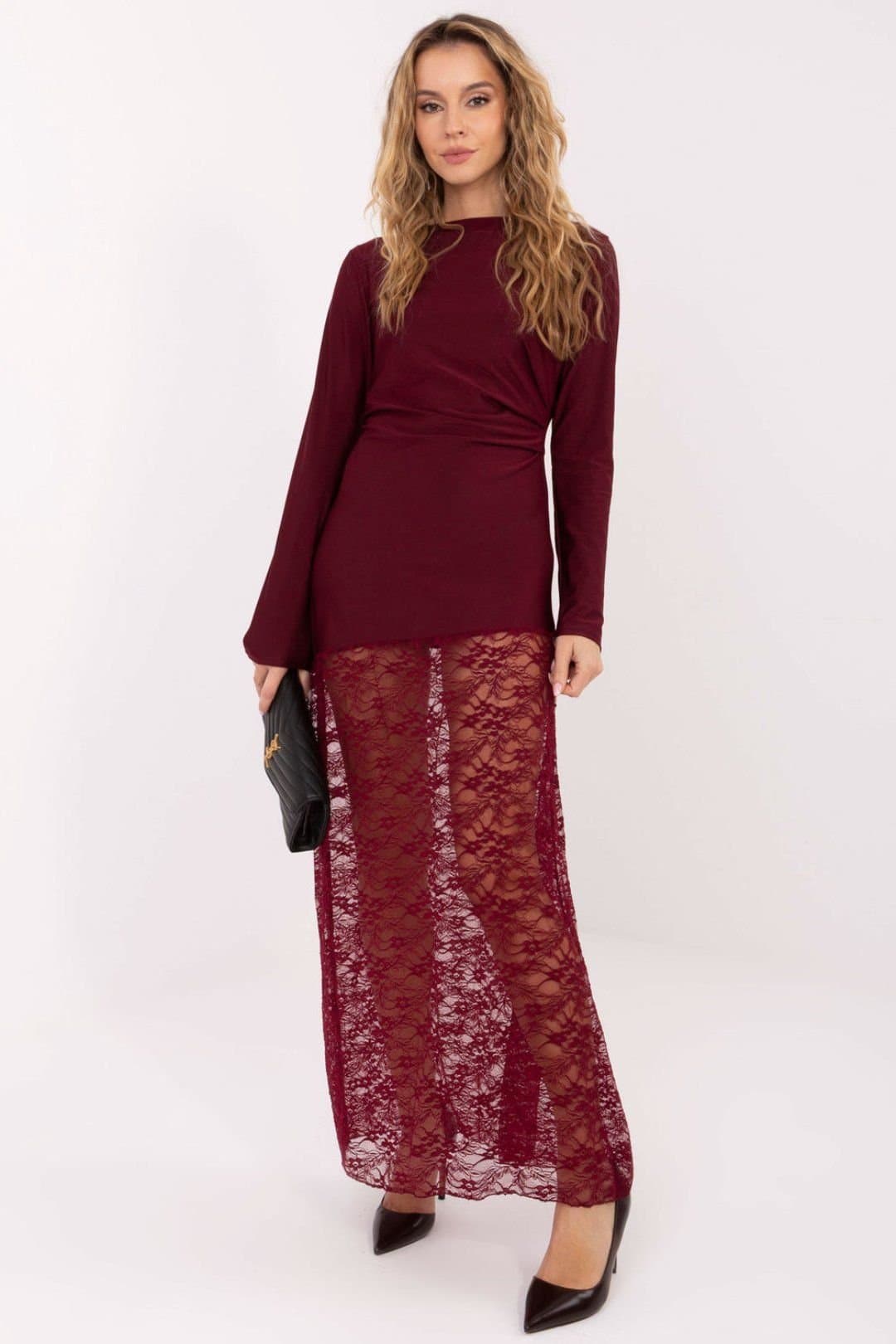 Love Lace Love Lace Women's Elegant Maxi Pencil Dress with Lace Hem in Wine