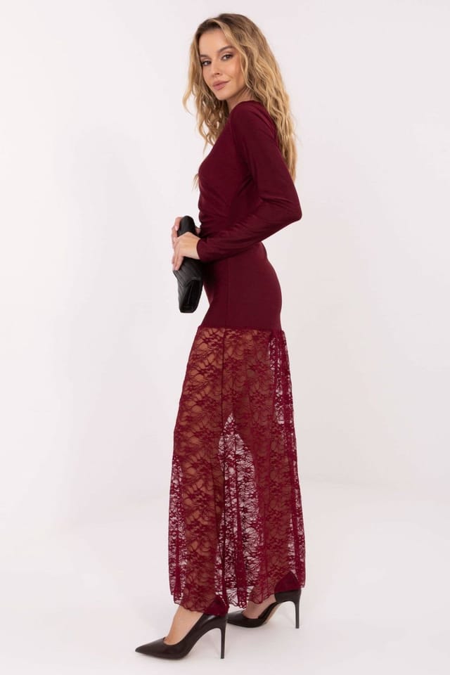 Love Lace Love Lace Women's Elegant Maxi Pencil Dress with Lace Hem in Wine - 2