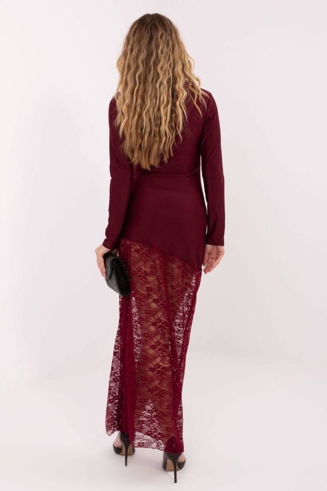 Love Lace Love Lace Women's Elegant Maxi Pencil Dress with Lace Hem in Wine - 3