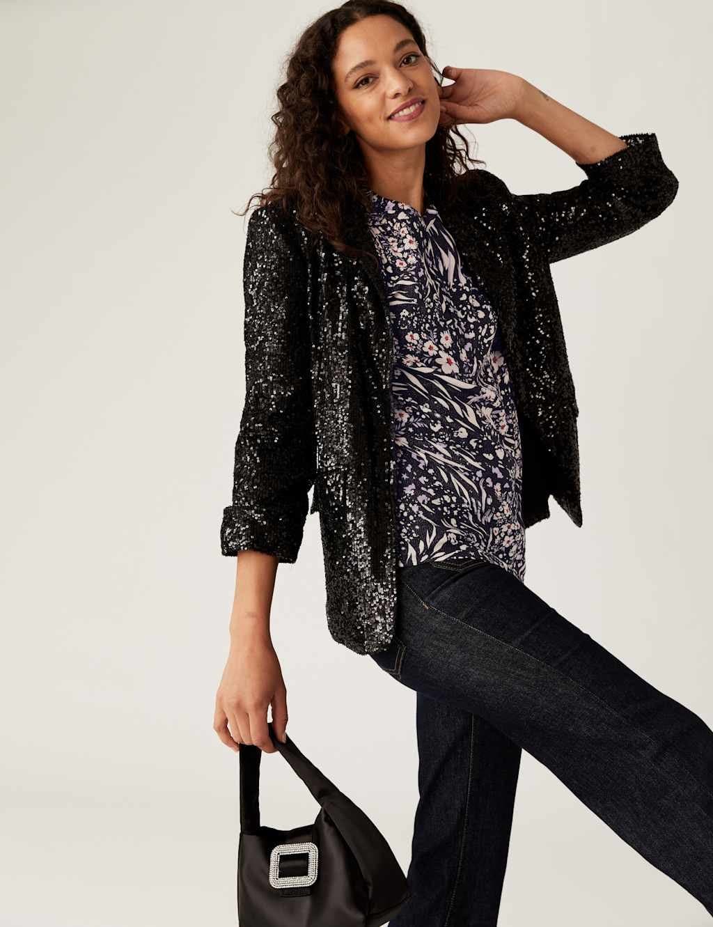 Marks & Spencer M&S Star Print Sparkly Round Neck Blouse Black Mix