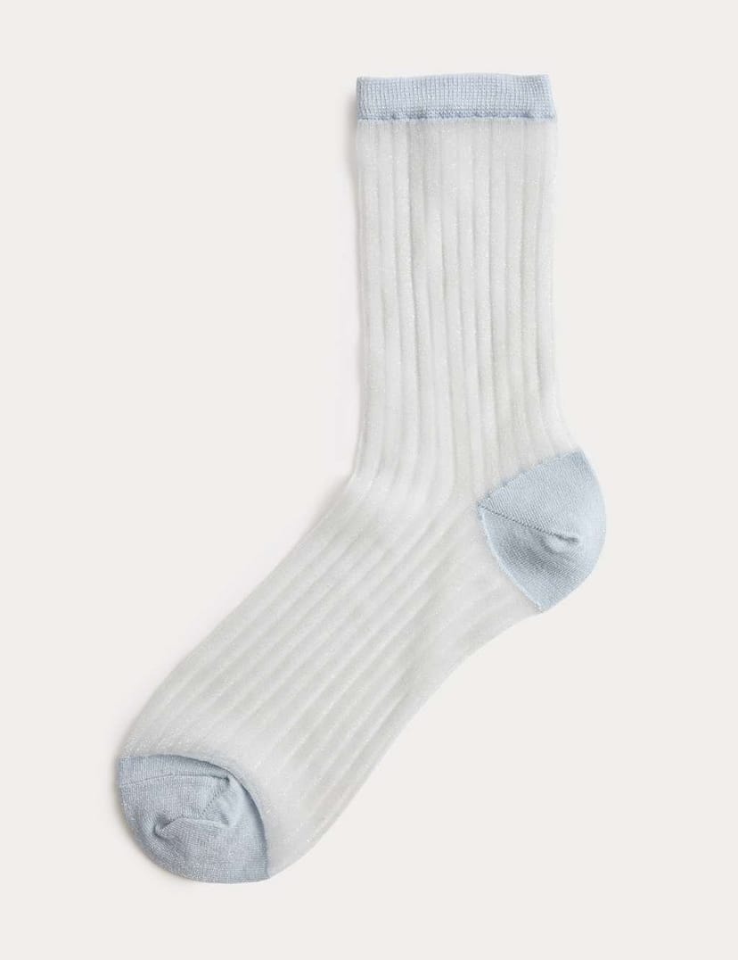 Marks & Spencer M&S Cotton Blend Sheer Ribbed Sparkly Crew Socks Blue Mix - 1