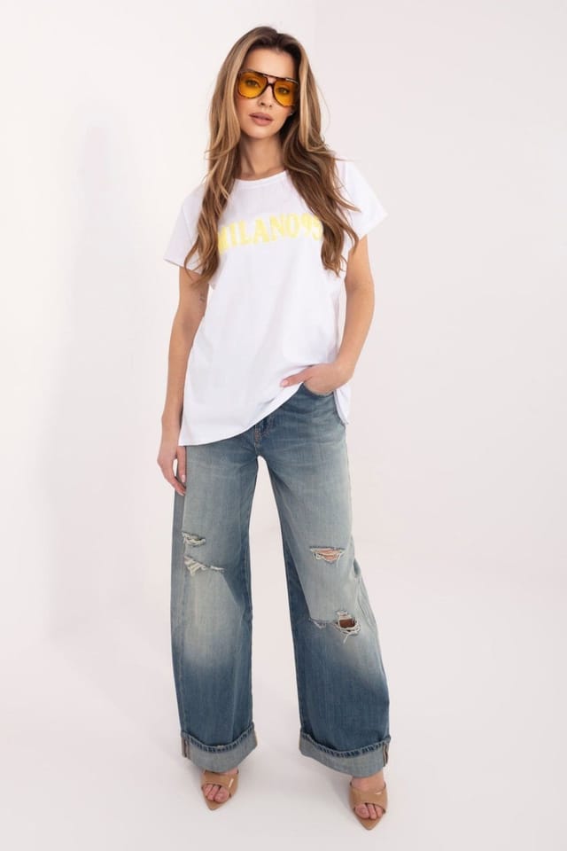 Love Lace Love Lace Women's Casual Cotton Elastane T-Shirt with Slits in White - 2