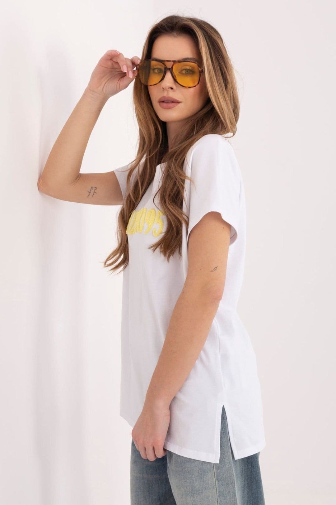 Love Lace Love Lace Women's Casual Cotton Elastane T-Shirt with Slits in White - 4