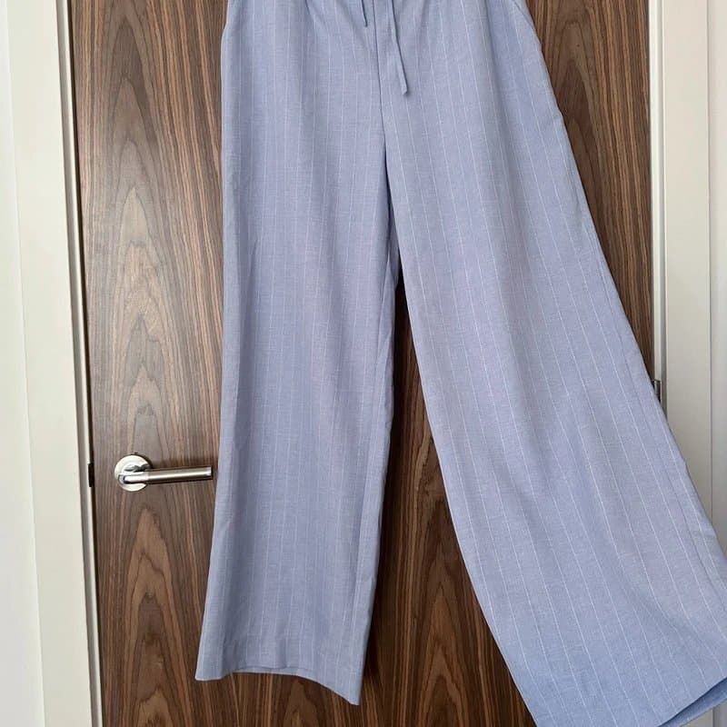 ASOS ASOS Blue White Stripe Pinstripe Tailored Elasticated Tie Waist Straight Wide Trousers 12