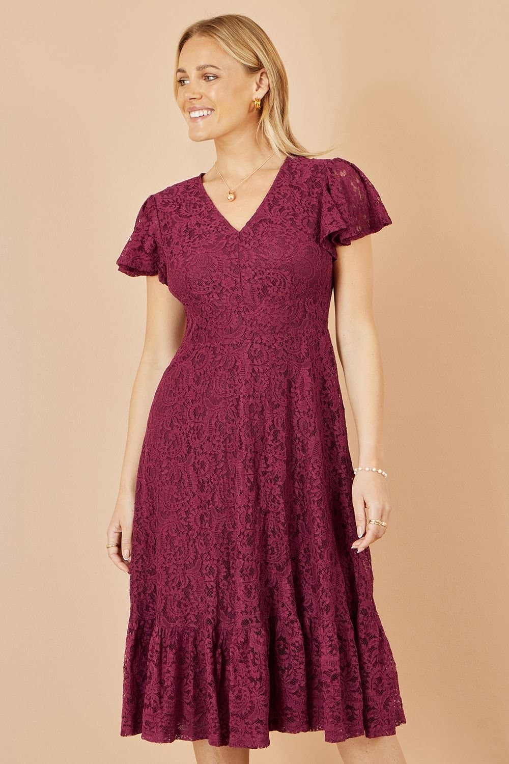 Yumi Yumi Women's Burgundy Stretch Lace Puff Sleeve Midi Dress