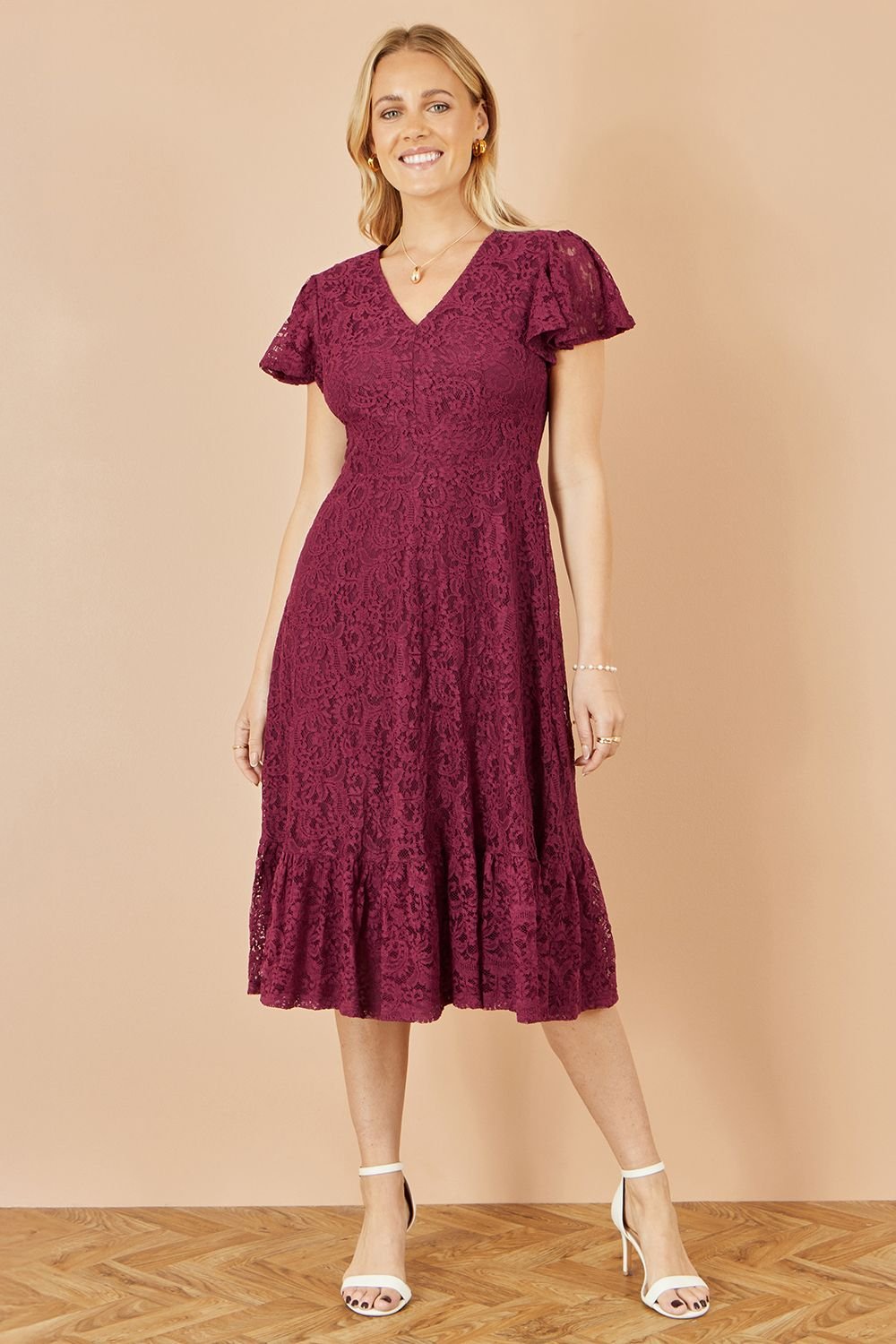 Yumi Yumi Women's Burgundy Stretch Lace Puff Sleeve Midi Dress - 2
