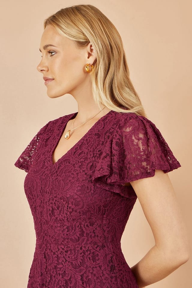 Yumi Yumi Women's Burgundy Stretch Lace Puff Sleeve Midi Dress - 3