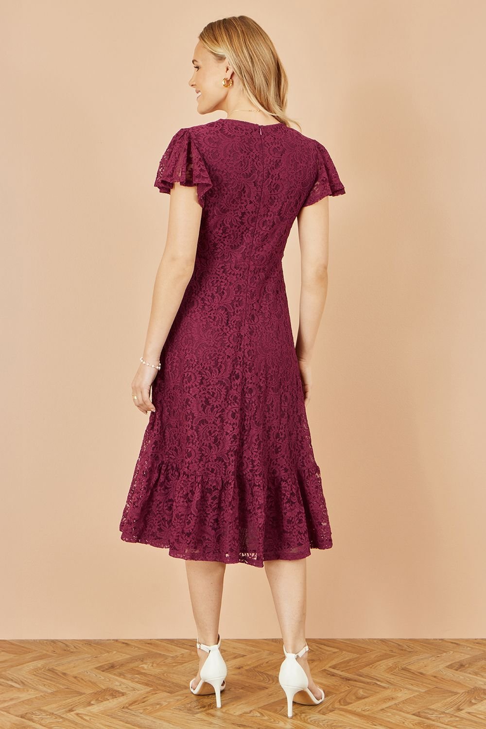 Yumi Yumi Women's Burgundy Stretch Lace Puff Sleeve Midi Dress - 4