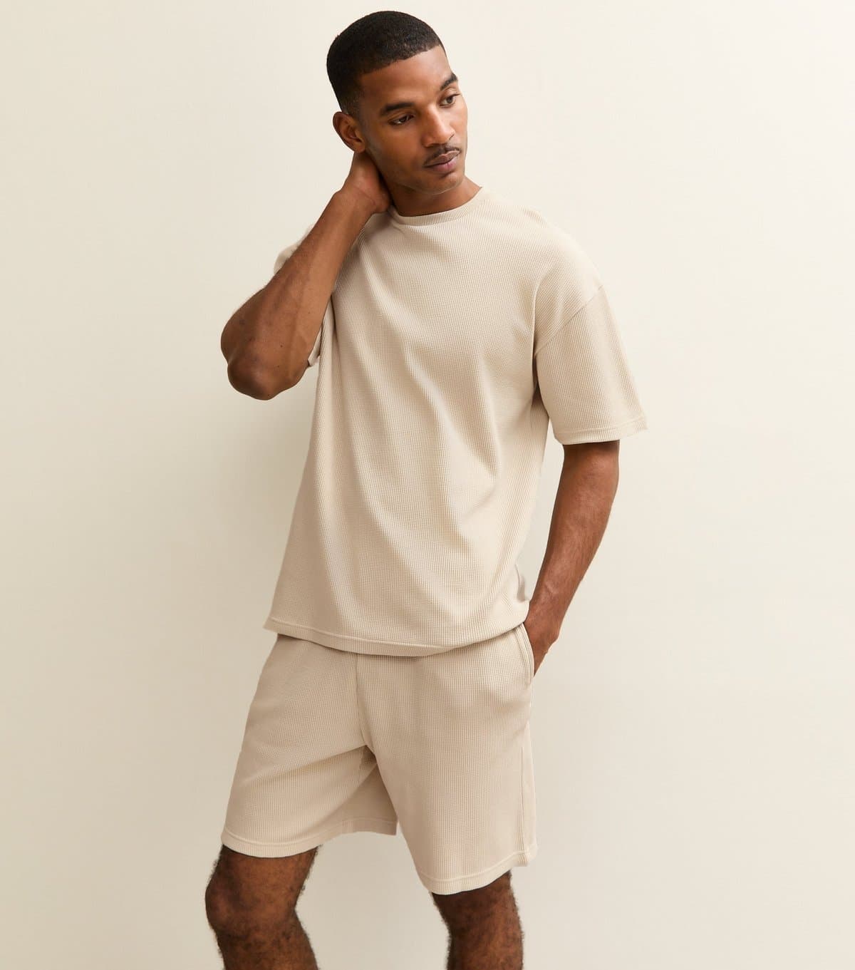 New Look Men's Stone Oversized Waffle Texture T-Shirt New Look