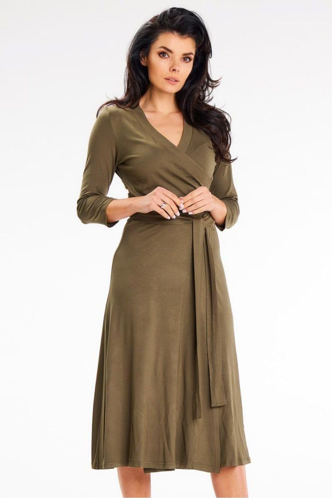 Love Lace Olive Jersey Midi Wrap Dress with Tie Belt