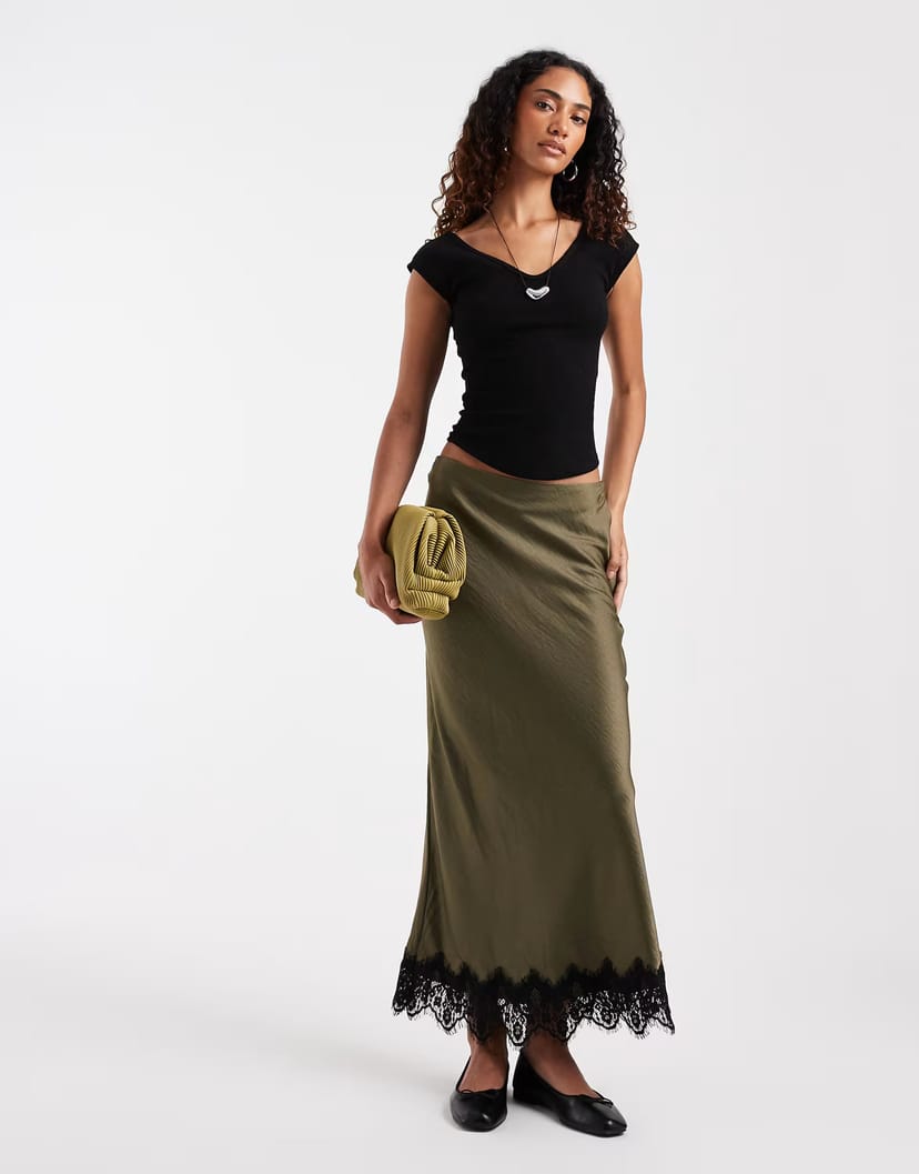ASOS Vero Moda Tall satin midi skirt with lace detail hem in dark green - 1