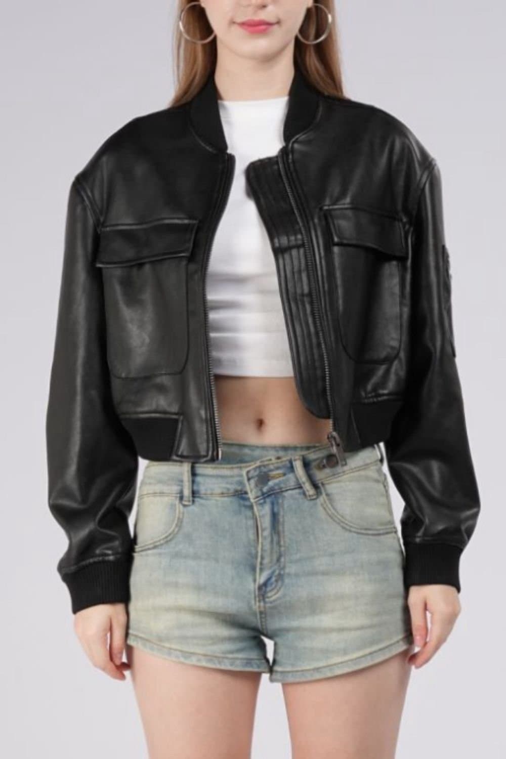 OUTTA BOX OUTTA BOX Women's Women's PU Leather Cropped Bomber Jacket in Black