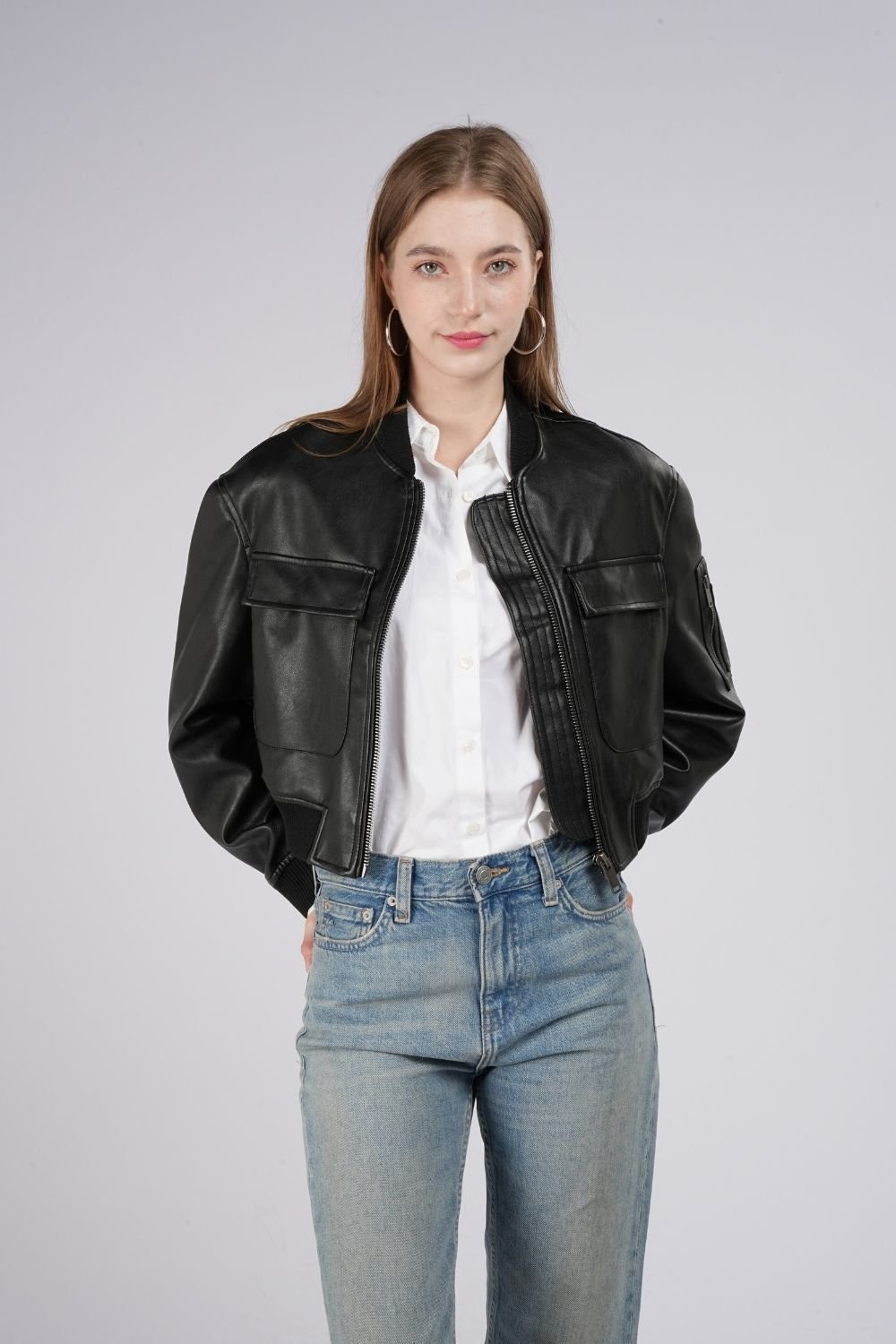 OUTTA BOX OUTTA BOX Women's Women's PU Leather Cropped Bomber Jacket in Black - 2