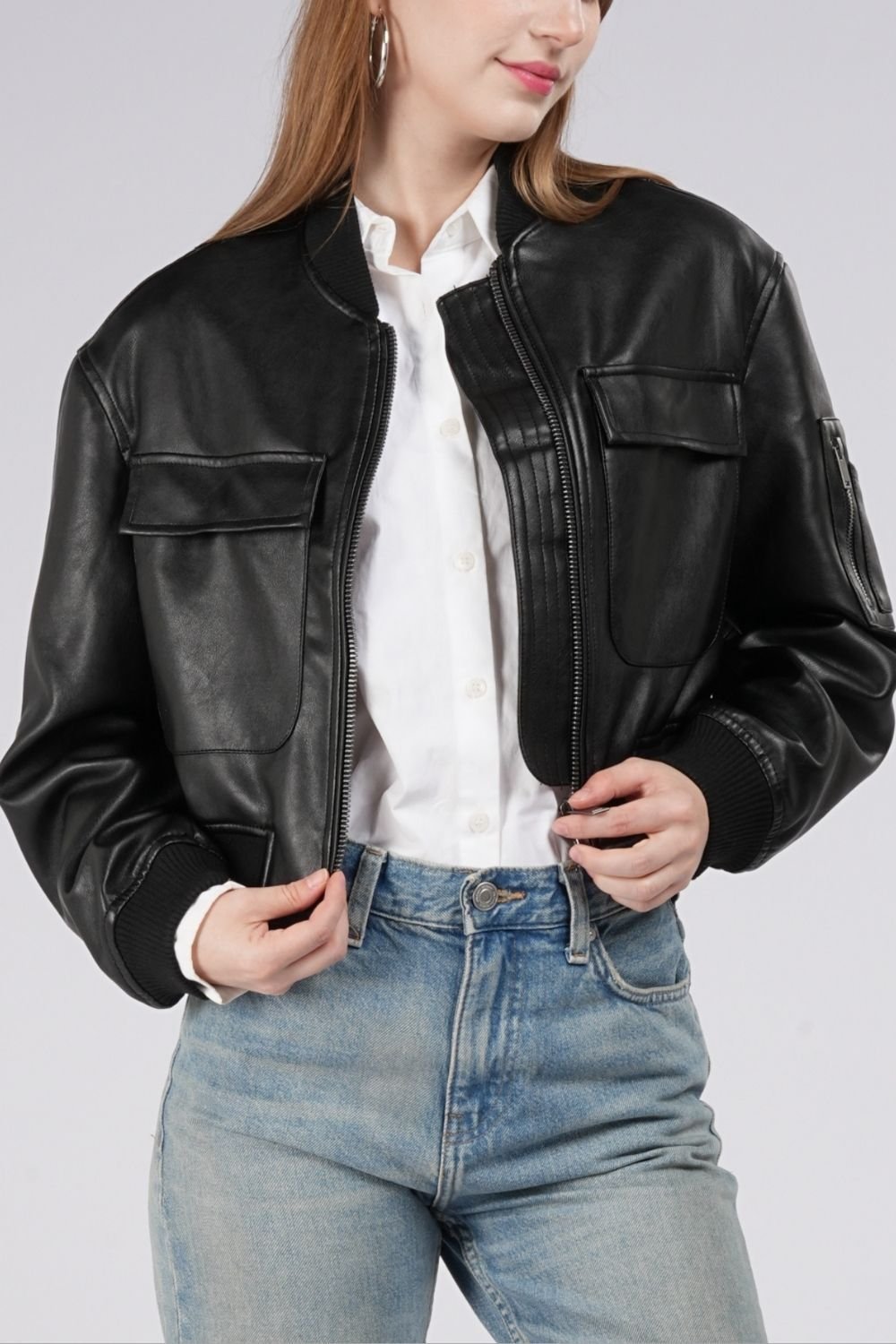 OUTTA BOX OUTTA BOX Women's Women's PU Leather Cropped Bomber Jacket in Black - 3